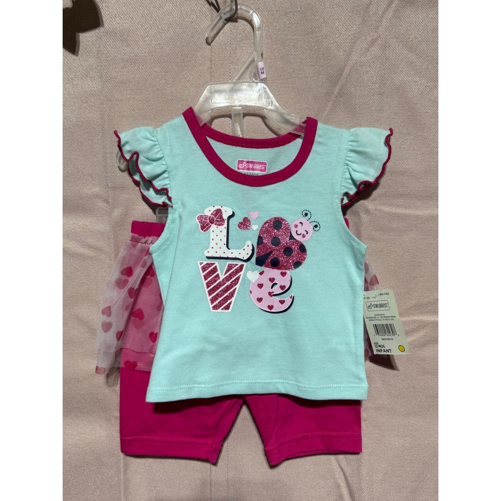 Swiggles Infant Girls 12M Love Ladybug Mint Top and Pink Tutu Shorts Set NWT